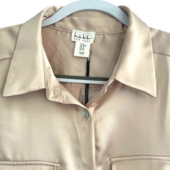 Nicole Miller Satin long sleeve Shirt with flap pockets on Chest SZ:Med Taupe - Picture 4 of 10